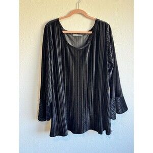 Signature Collection Women's Solid Black Velvet Velour Blouse Flare Sleeve 3X